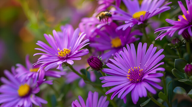 Purple garden flower and bees macro photography