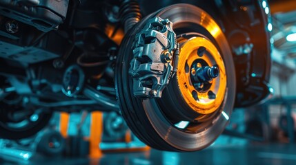 Close-up of Auto Brake Repair: Replacing Tire, Caliper and Bolt with Automotive Disc Brake System in Garage - obrazy, fototapety, plakaty