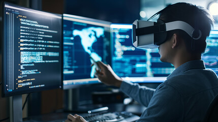  A person wearing a VR headset or goggles,with multiple computers and screens in front of them. Metaverse and augmented reality