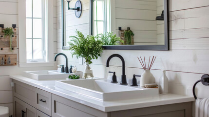 A modern farmhouse bathroom with shiplap walls, a trough sink, and matte black fixtures