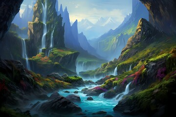 A cascading waterfall gracefully descending from lush peaks, framed by the vibrant hues of...