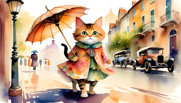 A photo of a cat walking down a city street wearing a pink dress and carrying a parasol