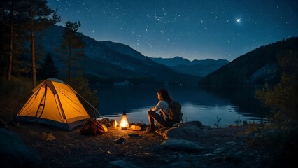Une jeune randonneuse médite devant l'eau d'un lac, la nuit dans une atmosphère relaxante. La toile de tente est éclairée.