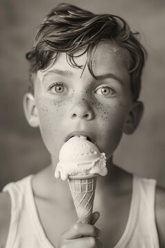 A young boy is indulging in a sweet ice cream cone in a monochrome photography, with the dessert held close to his head as he enjoys the creamy goodness and satisfies his food craving