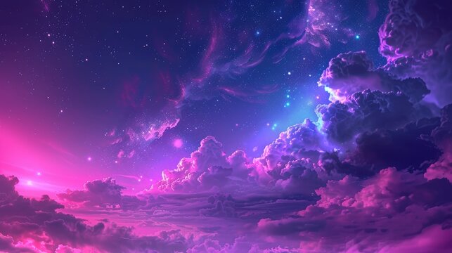 Fantastic Future Of Violet Nightsky. Purple Clouds And Neon Lights Create A Science Fiction 80s Background