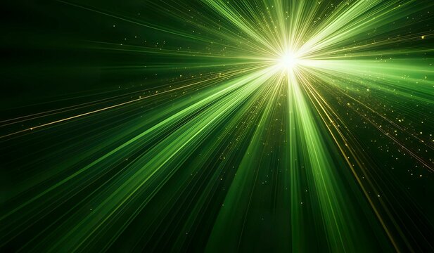 Asymmetric burst of green rays of light on a dark green  background with green, yellow and gold sparkles