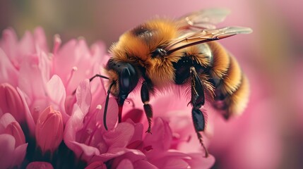 Effortless grace as a bumblebee pollinates a vibrant pink flower, a dance of nature