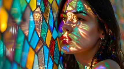 Young woman bathed in colorful stained glass light patterns looking pensive