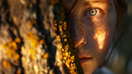 Mystical gaze: young girl peering through shadowy foliage at sunset