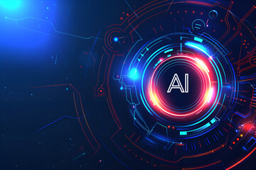 Futuristic glowing neon "AI" text on a dark blue background with digital elements and circular shapes. AI technology concept