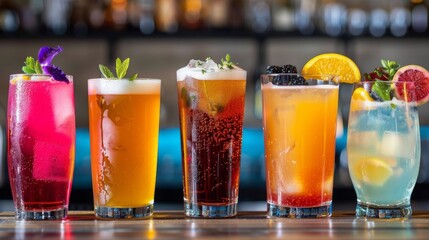 Colorful Assortment of Five Craft Cocktails on a Bar Counter
