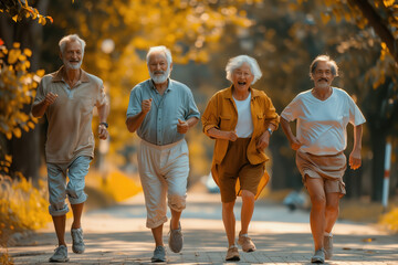 Group of elderly Caucasian friends enjoying run relax together in the park