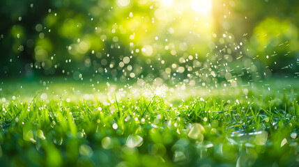 sprinkler spraying water on green grass in the garden - obrazy, fototapety, plakaty