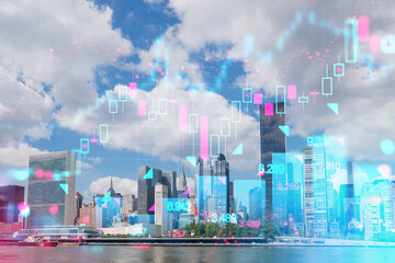 New York skyline with futuristic holographic overlays on a sunny day. Double exposure