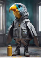 "Fantastical Bird Painter Realistic Head in Hood, Painting Winter Garden Window"




