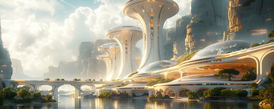 Futuristic metropolis with organic-inspired architectural elements