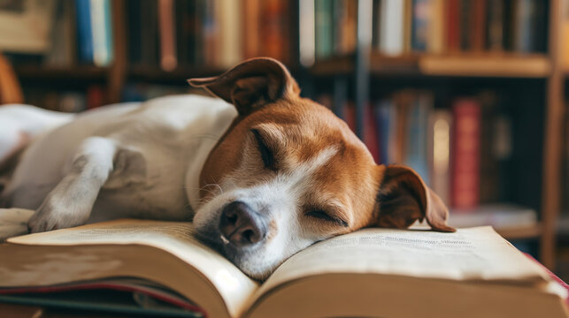  A dog is sleeping on a pile of books. Cute dog sleeping. Studying hard. Kawaii. Dogs doing human things. Funny animal