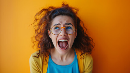 A young woman with glasses and curly hair open mouth wide open, in front of an orange wall. Shouting and looking up. Bright colors.