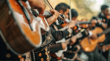 Close-up of a mariachi group playing stringed instruments during a Cinco de Mayo celebration , dressed in ornate black costumes with focus on the movement of the bow and strings