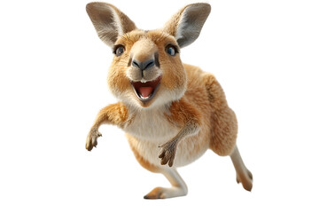 A 3D animated cartoon render of an excited kangaroo jumping with a pogo stick.