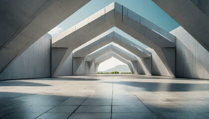 3D rendering of abstract futuristic architecture with empty concrete floor