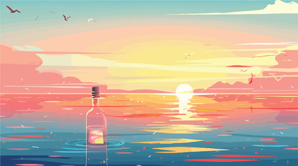 Message in a Bottle at Sunset flat vector isolated on - obrazy, fototapety, plakaty