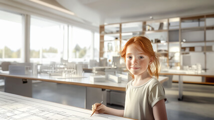 Obraz premium Young Girl as an Architect, Blueprints on the Table in Modern Office