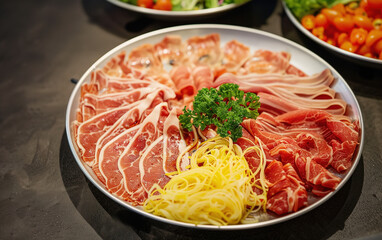 Sliced meat on the plate,created with Generative AI tecnology.
