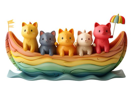 A 3D animated cartoon render of happy animals sailing in a round boat with a rainbow sail.