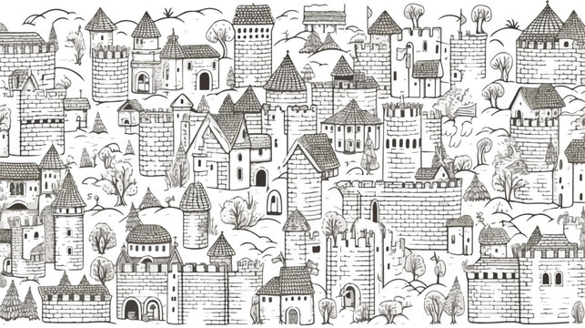 Medieval buildings seamless pattern background. Middl