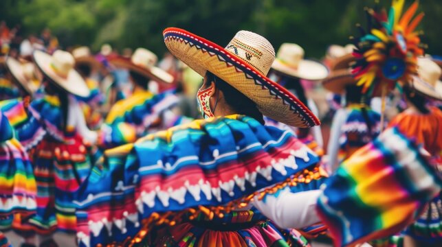 A group of dancers in vibrant, multicolored costumes perform a traditional Mexican folk dance, with focus on the detailed patterns and textures
