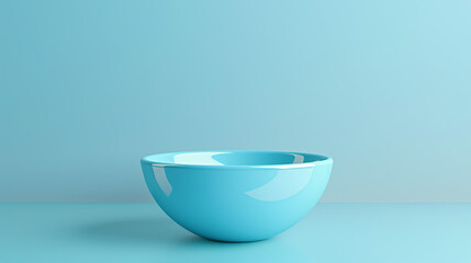  Blue ceramic bowl on a light blue table with a shiny surface.