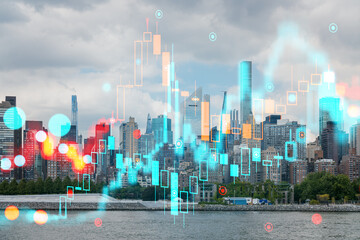 Fototapeta na wymiar New York skyline with digital holographic overlays, Double exposure. Double exposure