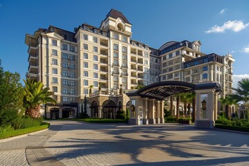 Naklejka premium Luxurious Hotel Facade with Elegant Architecture and Landscaped Entrance under a Clear Blue Sky