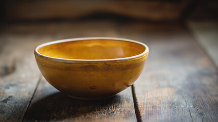  A large brown ceramic bowl on top of a wood table. Food insecurity. Poverty and hunger concept. Lack of food