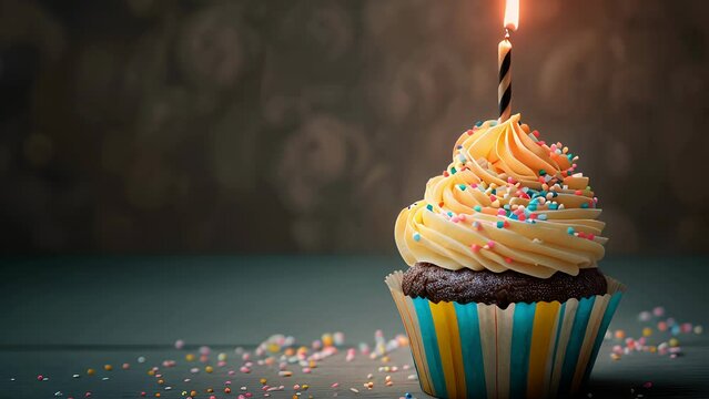 cupcake with a lit candle on top. The candle is black and white. The cupcake is decorated with sprinkles, sweet, birthday, dessert,