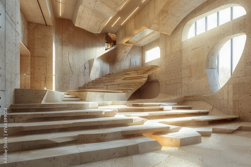 Poster modern architectural design with dynamic staircase and curved windows illuminated by natural sunligh