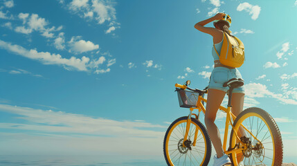 A woman in sportswear standing with her yellow mountain bike on the rocky shore near sea, holding up one hand to shield eyes from sun and looking into distance