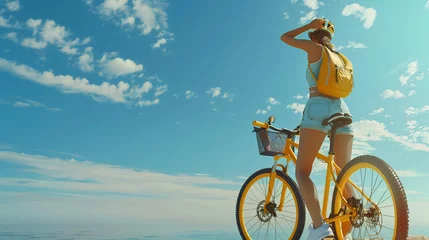 Photo sur Plexiglas Monts Huang A woman in sportswear standing with her yellow mountain bike on the rocky shore near sea, holding up one hand to shield eyes from sun and looking into distance