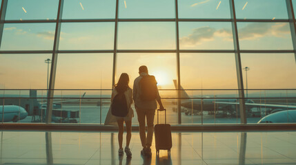  A man and woman standing next to each other at the airport, holding suitcases, vacation