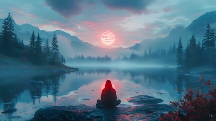 Holographic meditation guide offering serene landscapes 