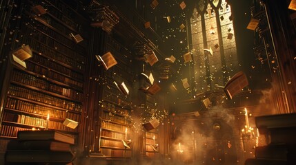 Ancient library with magical books flying, candlelit, for fantasy game environment concepts.
