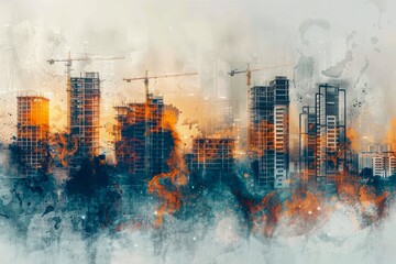 Urban Skyline and Construction Cranes in Watercolor Painting Style Abstract Cityscape Artwork