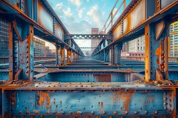 Vintage Rustic Industrial Bridge Structure with Weathered Steel Beams and Rivets under City Sky