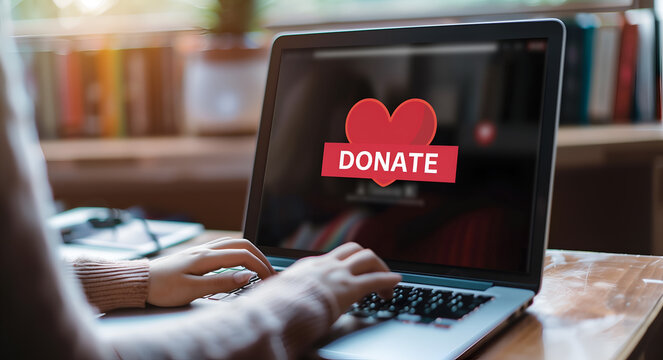 A woman using a laptop with a button displayed "DONATE" on the screen and a heart icon. Online donation giving concept.