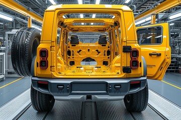 SUV chassis in factory, highlighting tail lights, poised on the production line for final assembly. automotive frame ready for manufacturing completion, surrounded by precision factory