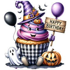 Watercolor Cupcake Halloween happy Birthday clipart And Digital Download
