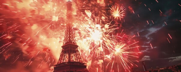 Dazzling fireworks over Eiffel Tower, New Year's celebration, for event planning company promos. - obrazy, fototapety, plakaty