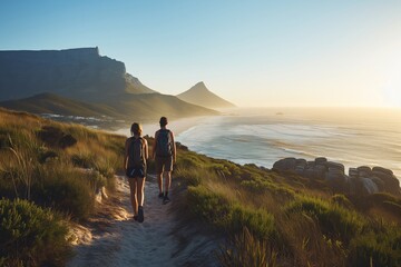 Back view of two hikers facing majestic mountains and sea, golden hour light bathing the serene coastal trail. Adventurous souls gaze upon coastal grandeur, evening sun graces untouched dunes