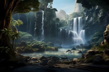 A breathtaking waterfall plunging from towering cliffs, surrounded by an oasis of vivid greenery